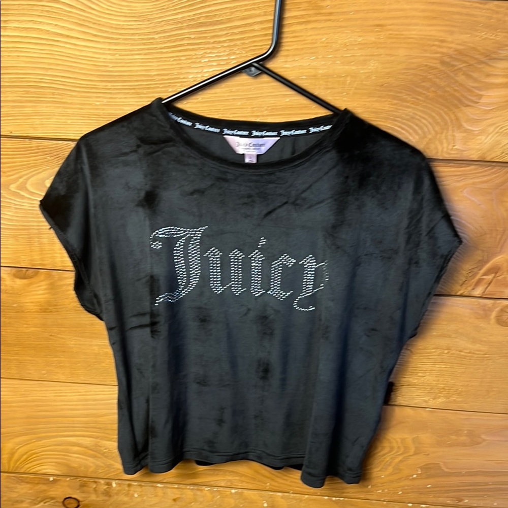 Juicy Couture Sleepwear Black Crop T-Shirt Relaxed Fit Velour Top Size L Bling